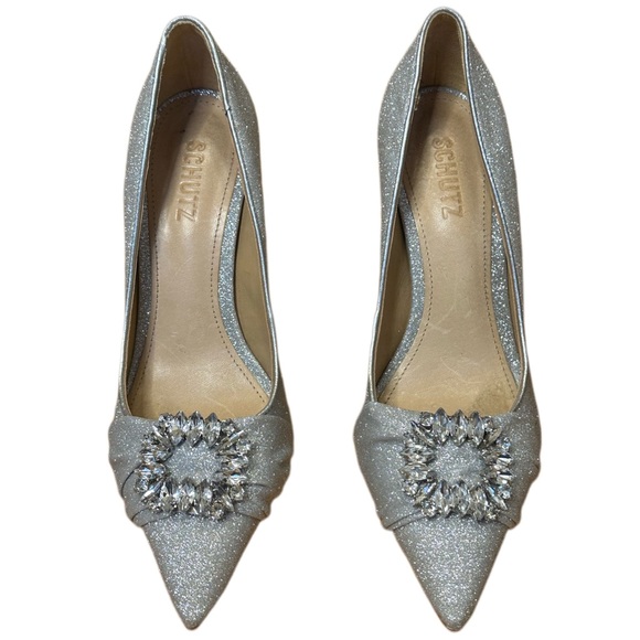 Schutz Meisho Glam Glitter Silver Pointed Toe Stiletto Heel - Picture 3 of 8